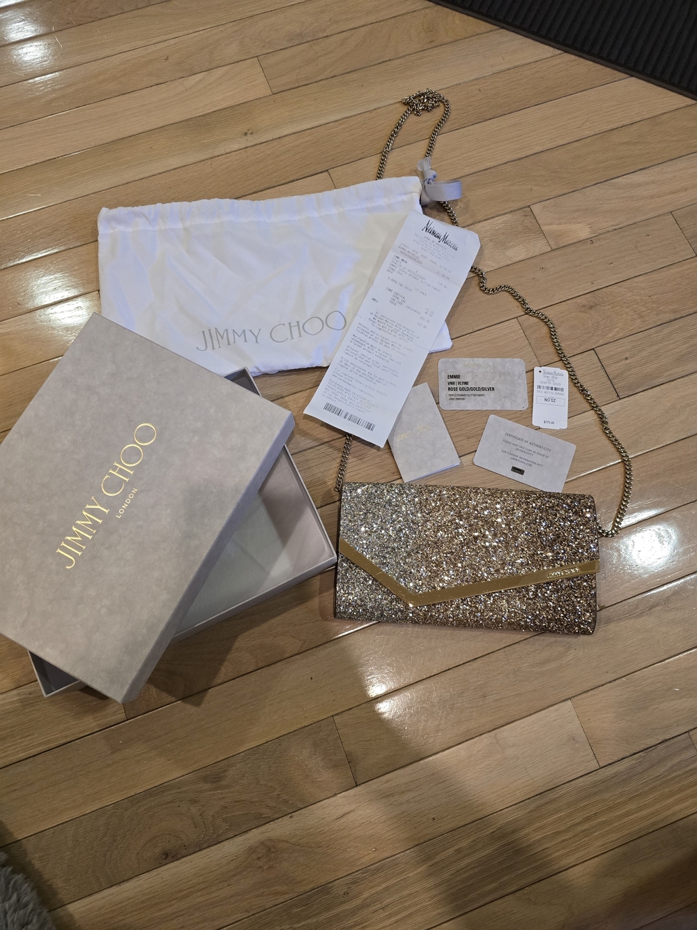 Jimmy Choo Gold Glitter Envelope Clutch with Chain Strap
